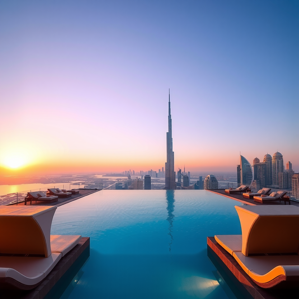 Breathtaking sunset view from Aura SkyPool showing the infinity pool reflecting golden hour colors, with VIP cabanas in foreground and Dubai's illuminated skyline including Burj Khalifa in the background